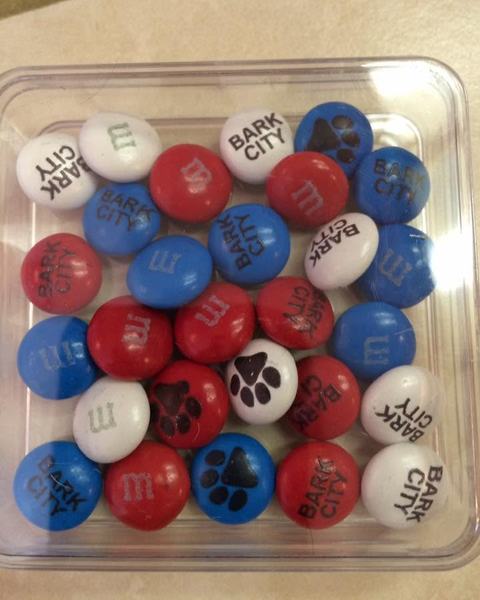 Custom Bark City candies at the front desk